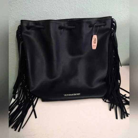 Victoria's Secret Handbags - Victoria's Secret Black‎ Fringe Drawstring Backpack Large Travel Gym Tote